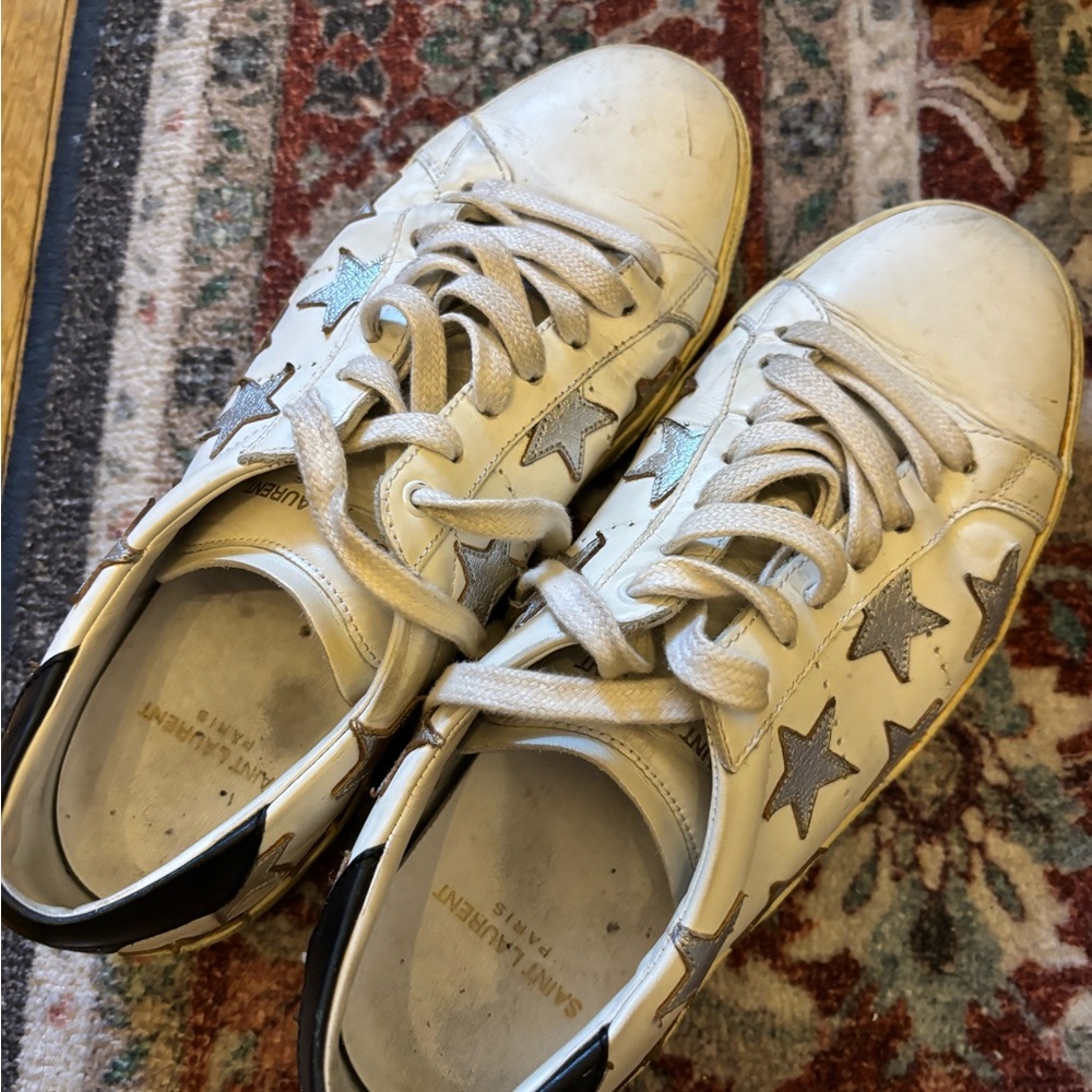 YSL Leather Sneakers - White with Silver Stars
